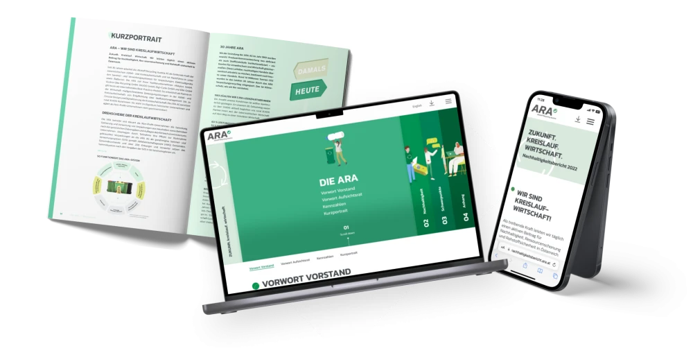 Nachhaltigkeitsbericht der ARA auf verschiedenen Medien: Magazin, Website auf Laptop und mobile Ansicht auf Smartphone