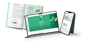 Nachhaltigkeitsbericht der ARA auf verschiedenen Medien: Magazin, Website auf Laptop und mobile Ansicht auf Smartphone