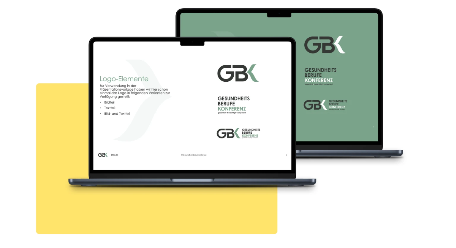 Zwei geoeffnete Laptops zeigen Praesentation zur visuellen Identitaet der Gesundheitsberufe-Konferenz (GBK)
