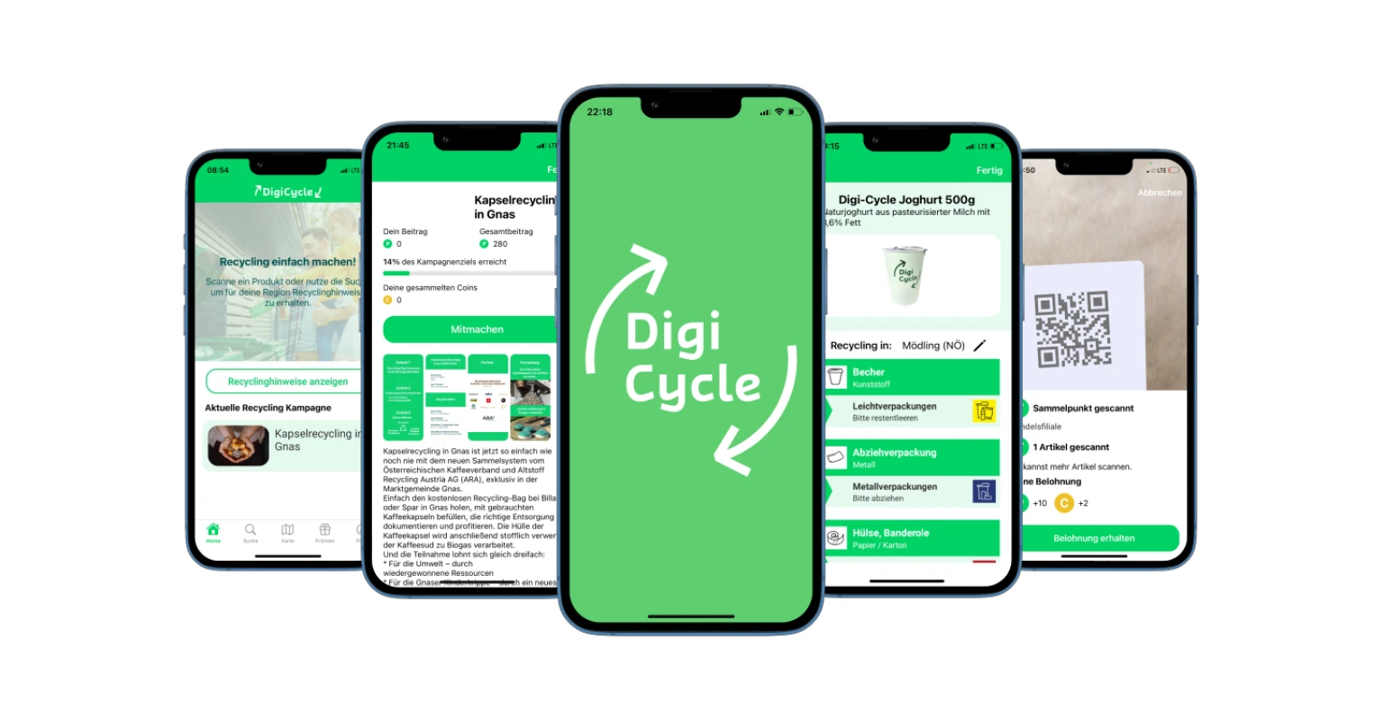 Fuenf Smartphones zeigen verschiedene Ansichten der Digi Cycle-App, einer Recycling-Anwendung für nachhaltige Entsorgung