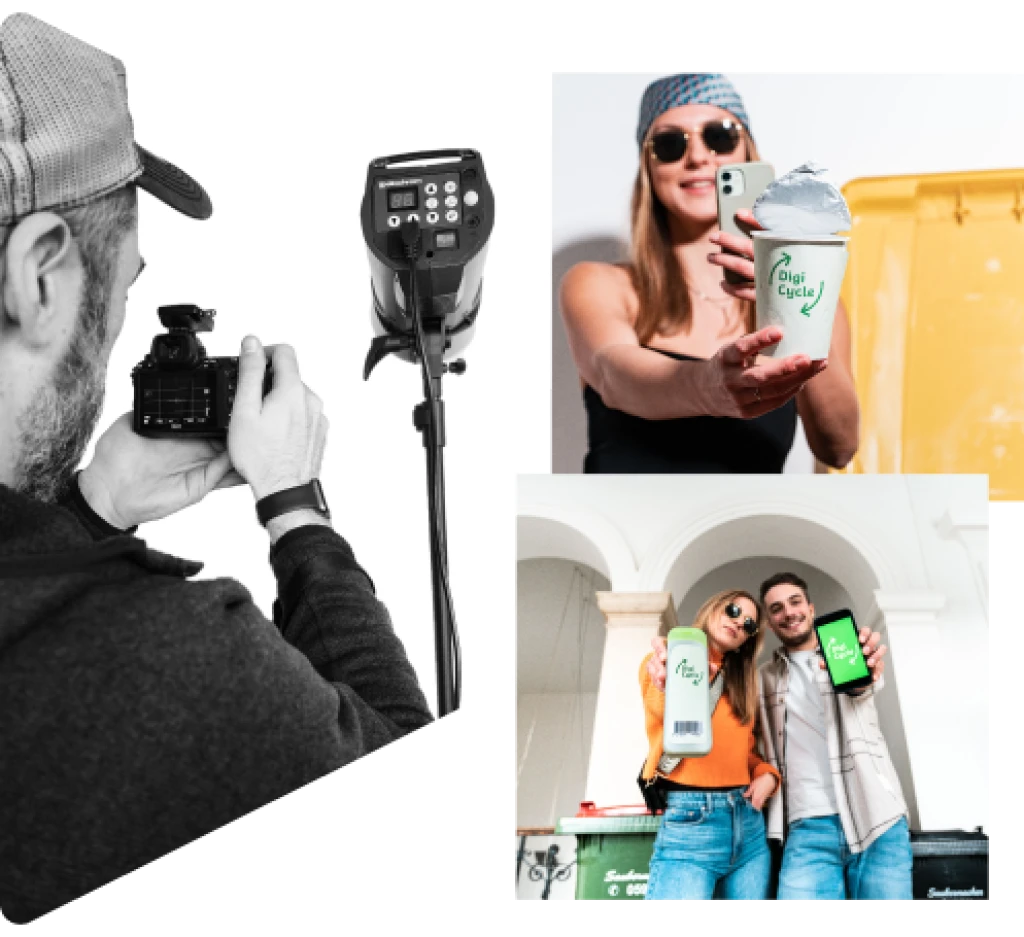 Collage aus drei Bildern mit Bezug zur Digi Cycle-Recycling-App: Fotograf und junge Personen beim Recyclen und Nutzen der App
