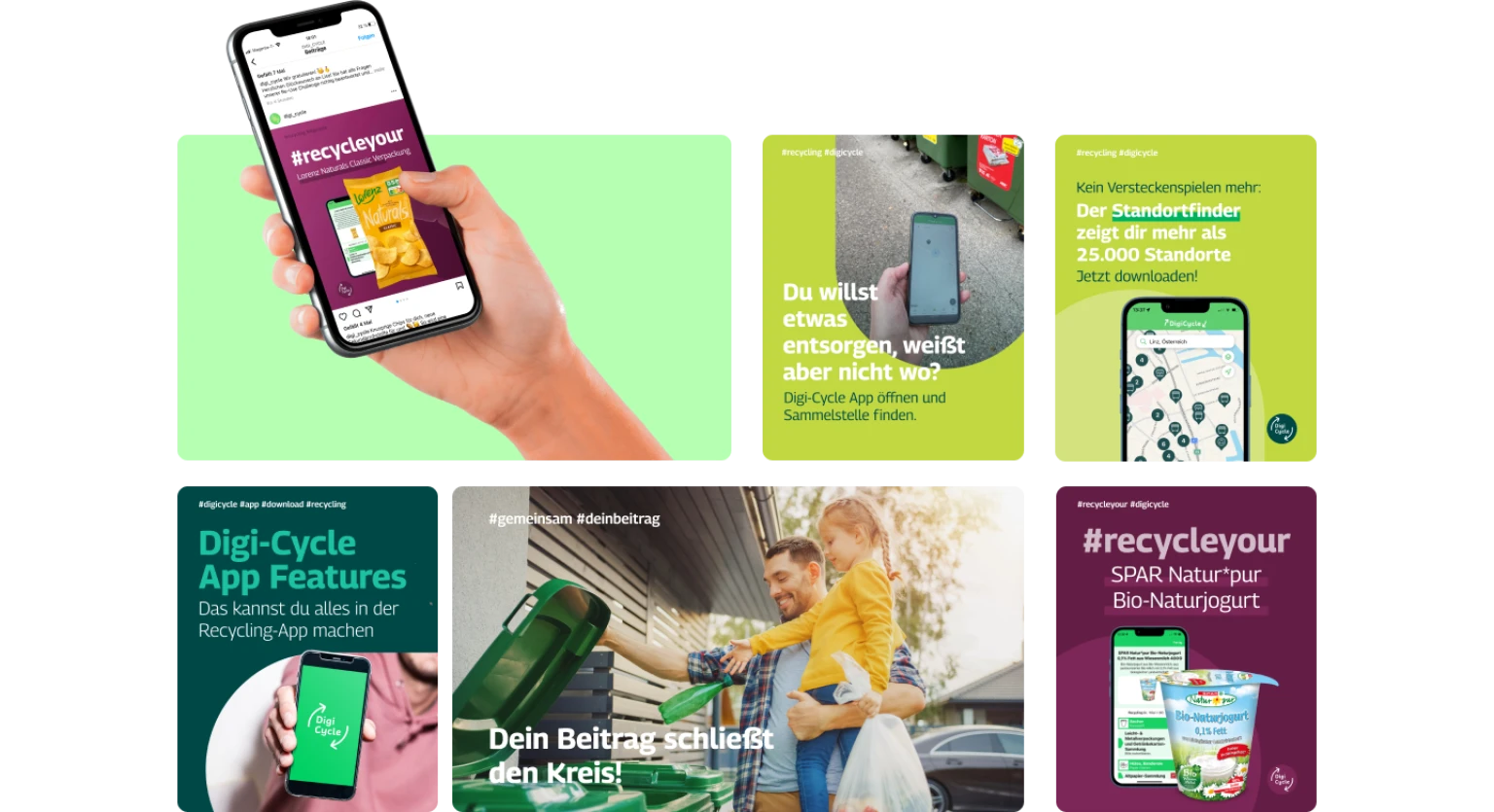 Collage von sechs Social-Media-Posts zur Digi Cycle-Recycling-App: Instagram-Post, Standortfinder, Werbung, App-Features