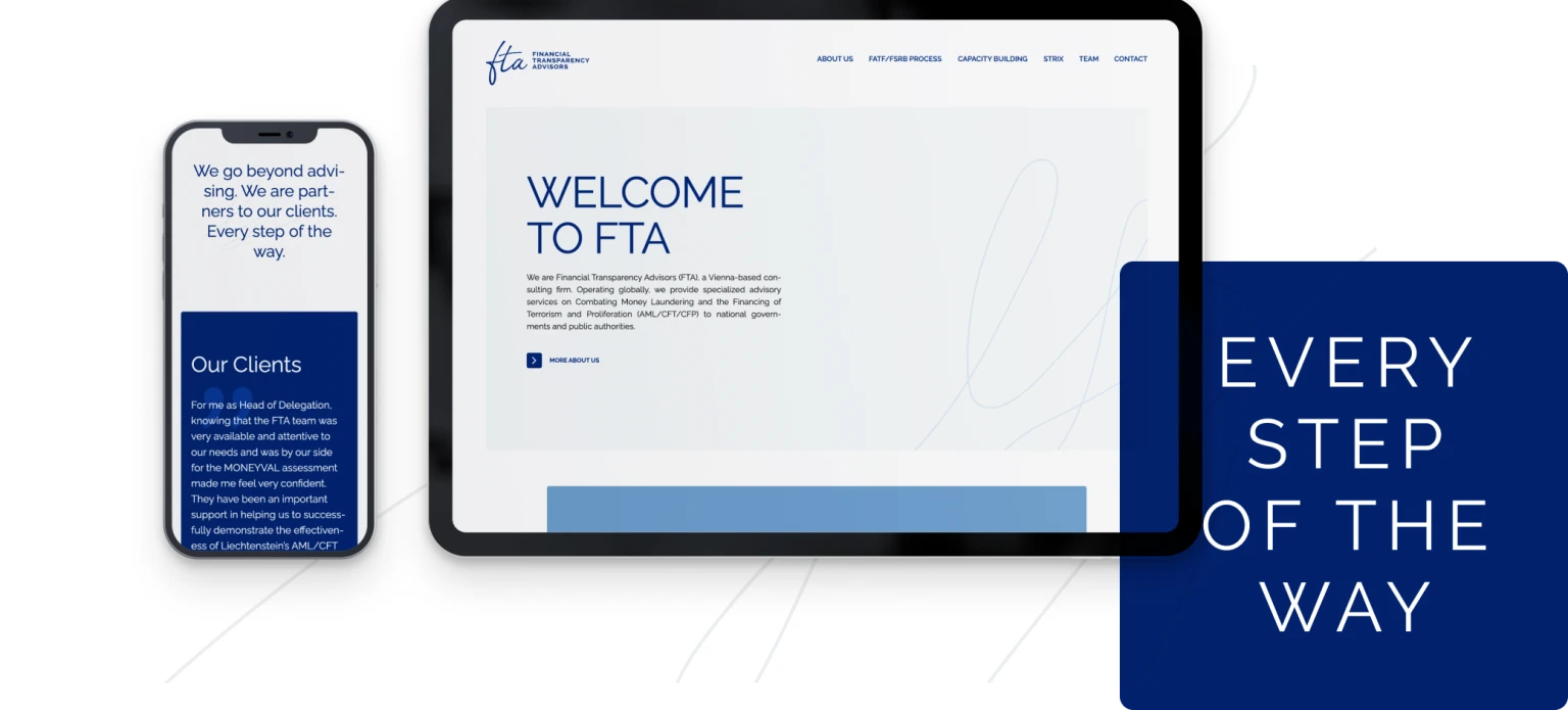 Website von Financial Transparency Advisors (FTA) auf Tablet und Smartphone mit Startseite und Infos ueber Kund*innen