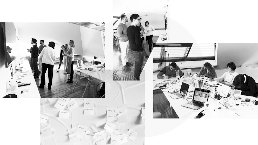Workshops in modernem Buero: Diskussion von Ideen bei Whiteboard, konzentriertes Arbeiten an einem Tisch, Nahaufnahme von Notizzetteln