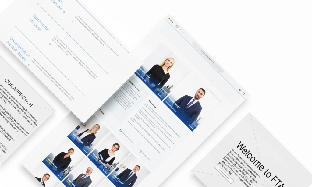 Modernes Website-Design der Financial Transparency Advisors (FTA) in schraeger Desktop-Ansicht. Die Seite zeigt Teammitglieder mit professionellen Portraetfotos und deren Erfahrungen