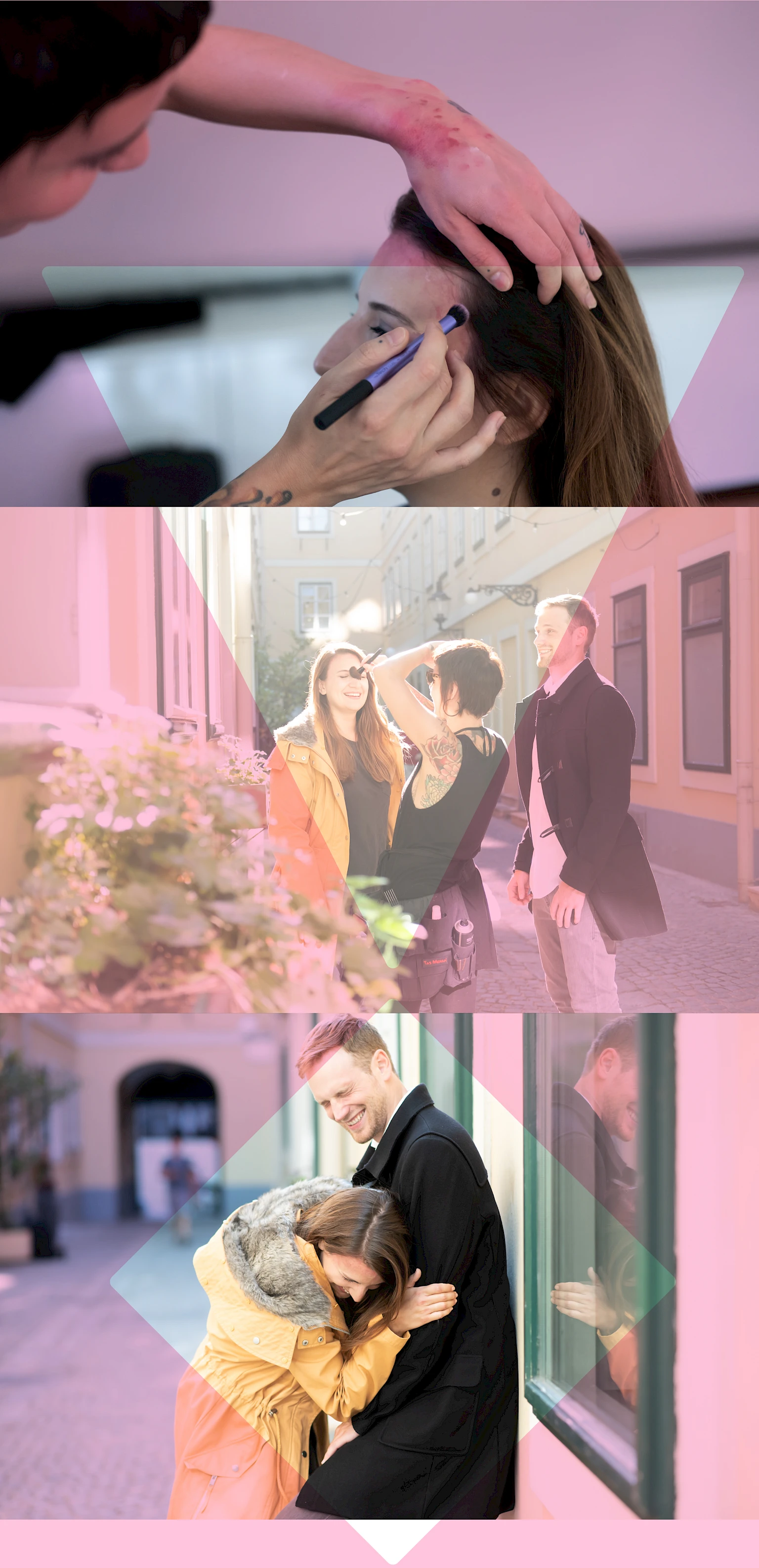 Collage aus drei Szenen mit Psoriasis-Thematik: Oben wird einer Frau von einer Visagistin Make-up aufgetragen, in der Mitte findet ein Outdoor-Shooting mit einem Mann und einer Frau statt, unten lacht das Paar gemeinsam und lehnt sich an eine Hauswand.