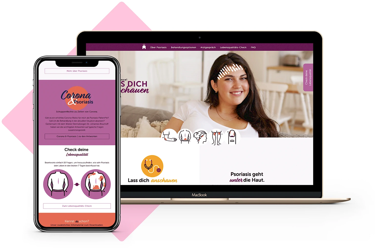 Website ueber Psoriasis auf Laptop und Smartphone, informiert ueber Schuppenflechte (Psoriasis) mit Fokus auf die Auswirkungen waehrend der Corona-Pandemie