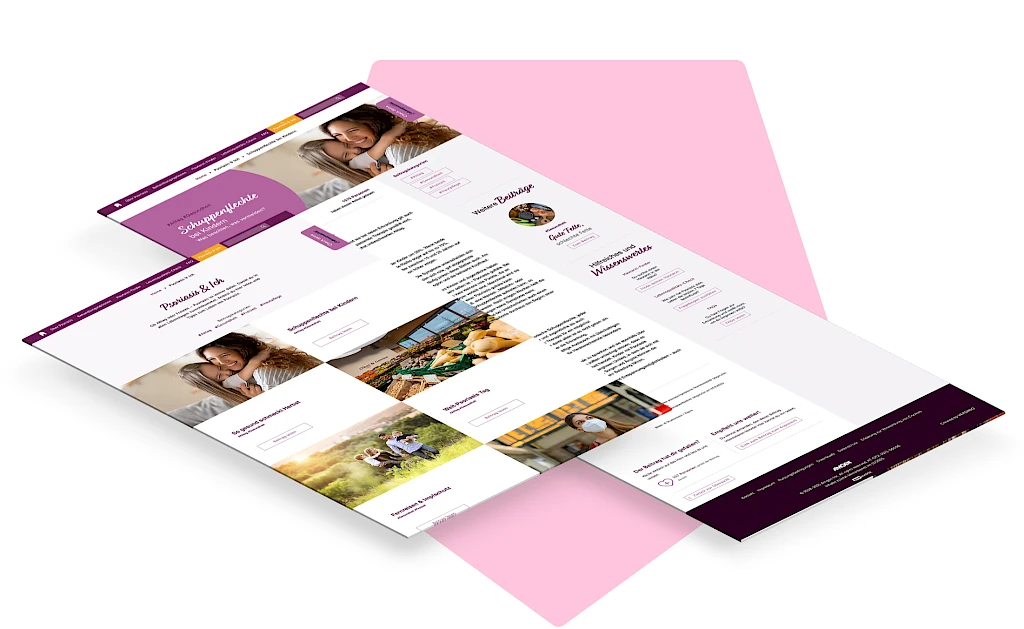 Screenshot einer Website ueber Psoriasis mit modernem, benutzerfreundlichen Design. Die Seite bietet Informationen ueber Schuppenflechte, Erfahrungsberichte von Betroffenen, Tipps zur Ernaehrung und Lebensweise sowie medizinisches Wissen zur Erkrankung