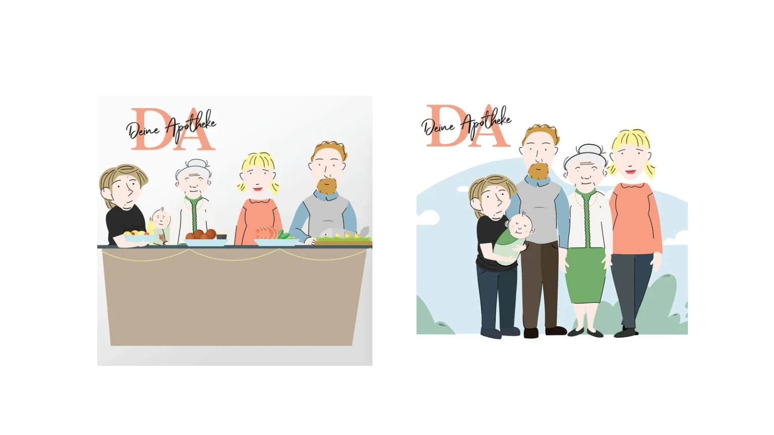 Zwei Illustrationen einer Familie in Alltagssituationen mit dem Titel Deine Apotheke: links sitzt die Familie an einem festlich gedeckten Tisch mit verschiedenen Speisen. Rechts steht die Familie im Freien in der Natur.