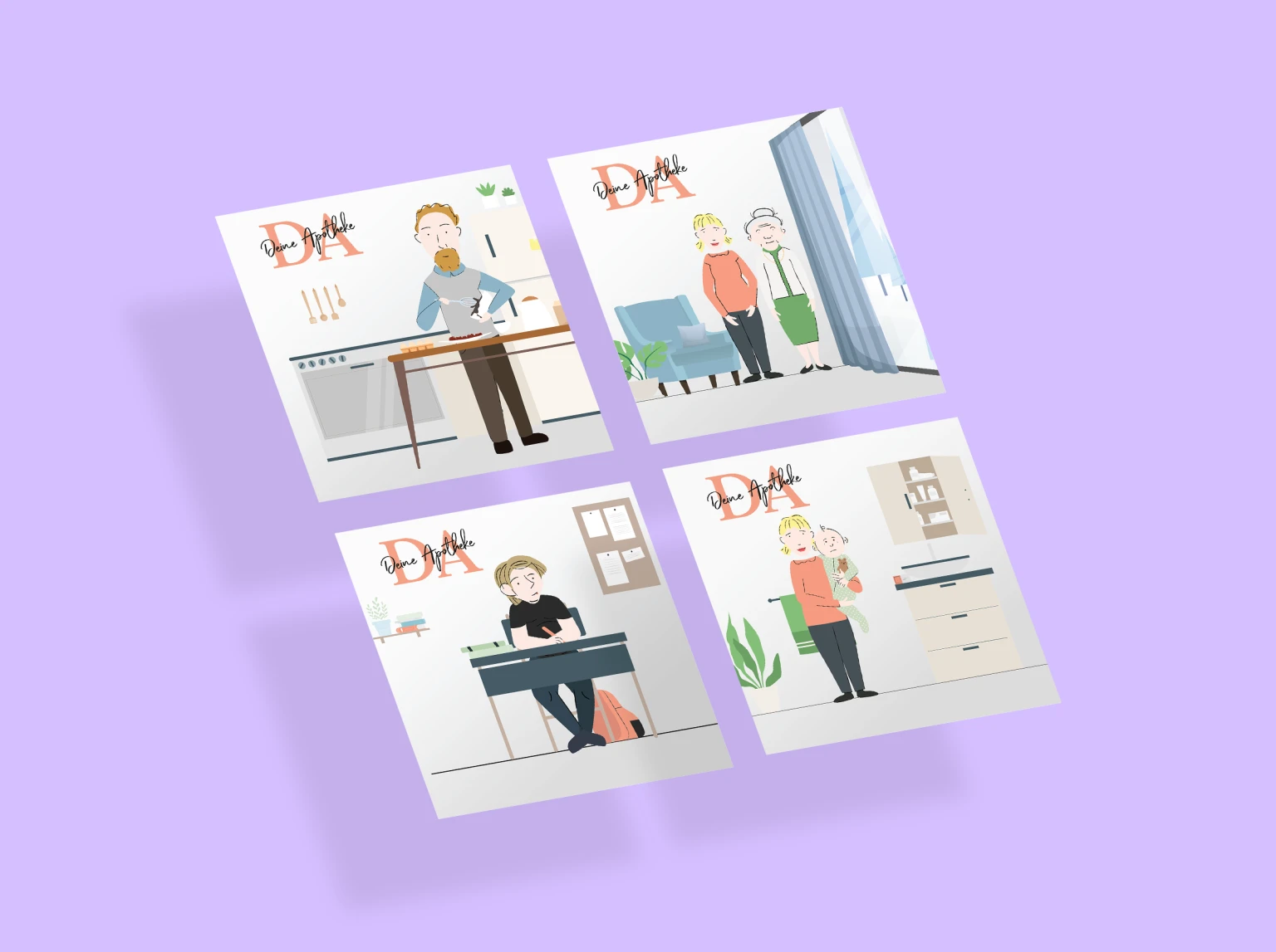 Vier Illustrationen mit dem Titel Deine Apotheke, die verschiedene Alltagssituationen der Familie Albers zeigen: Mann mit Bart bereitet eine Mahlzeit in der Kueche zu, Frau steht mit aelterer Dame im Wohnzimmer, Junge sitzt an einem Schreibtisch und arbeitet, Frau haelt ihr Baby im Badezimmer am Arm