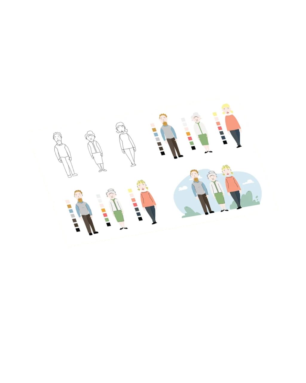 Illustration des Entstehungsprozesses von Familie Albers fuer Deine Apotheke als Skizzen