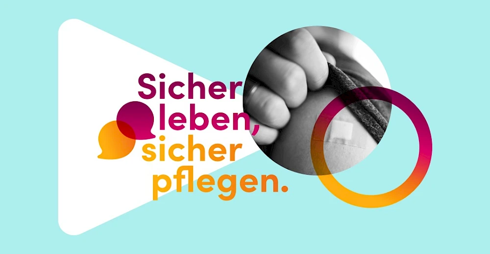 Sicher leben, sicher pflegen: Grafik mit Schriftzug und stilisiertem Bild eines Pflasters auf einem Oberarm