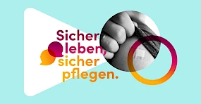 Sicher leben, sicher pflegen: Grafik mit Schriftzug und stilisiertem Bild eines Pflasters auf einem Oberarm