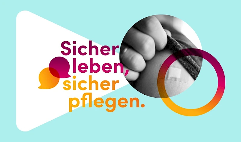 Sicher leben, sicher pflegen: Grafik mit Schriftzug und stilisiertem Bild eines Pflasters auf einem Oberarm