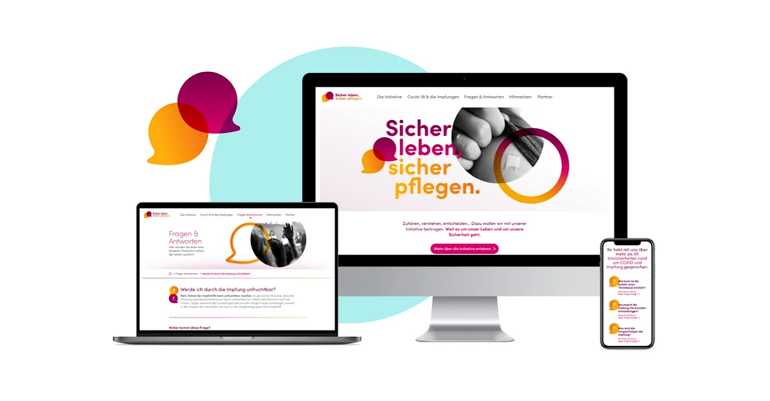 Darstellung der Initiative „Sicher leben, sicher pflegen“ auf verschiedenen Endgeraeten (Laptop, Desktop und Smartphone), die Informationen zu Impfungen und Gesundheit bietet.