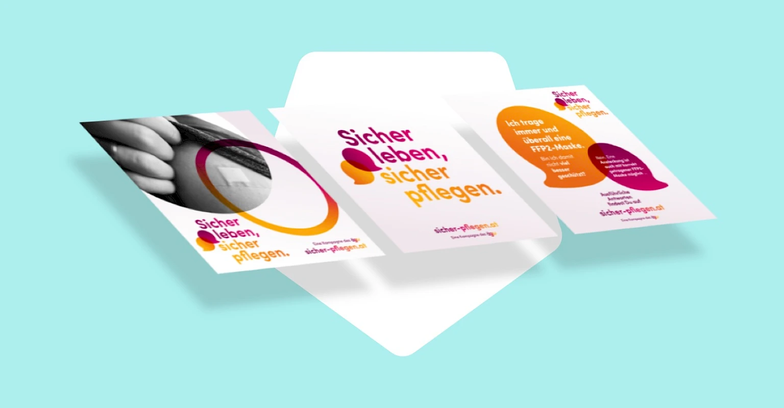 Flyer und Informationsmaterial der Kampagne „Sicher leben, sicher pflegen“, die ueber Schutzmaßnahmen und Gesundheit im Alltag informiert