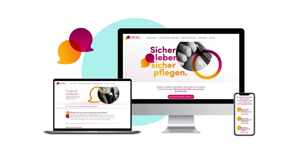 Darstellung der Initiative „Sicher leben, sicher pflegen“ auf verschiedenen Endgeraeten (Laptop, Desktop und Smartphone), die Informationen zu Impfungen und Gesundheit bietet.