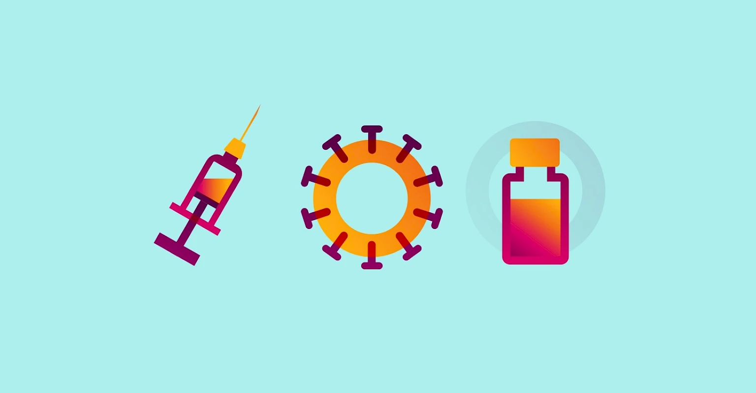 Stilisierte Icons einer Spritze, eines Virus und einer Impfstoffflasche, symbolisch fuer Impfung und Infektionsschutz