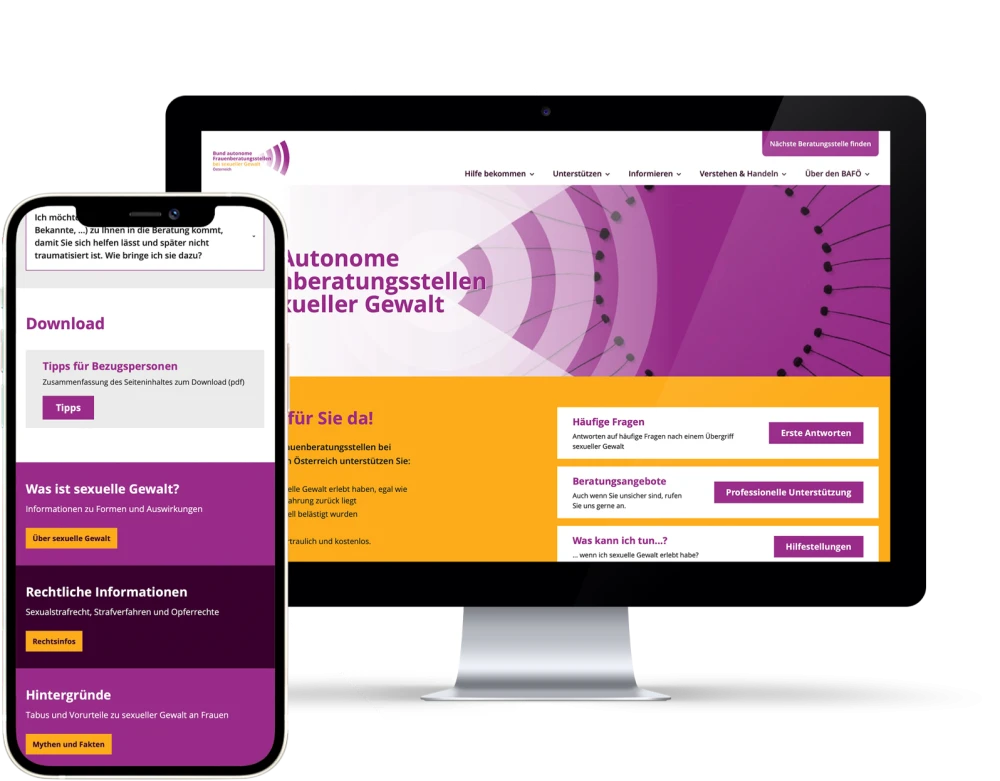 Website der autonomen Beratungsstellen bei sexueller Gewalt auf Desktop und Smartphone. Informationen zu Unterstuetzung, rechtlichen Aspekten und Hilfsangeboten für Betroffene