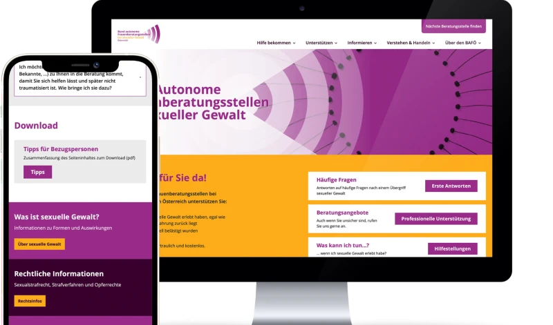 Website der autonomen Beratungsstellen bei sexueller Gewalt auf Desktop und Smartphone. Informationen zu Unterstuetzung, rechtlichen Aspekten und Hilfsangeboten für Betroffene