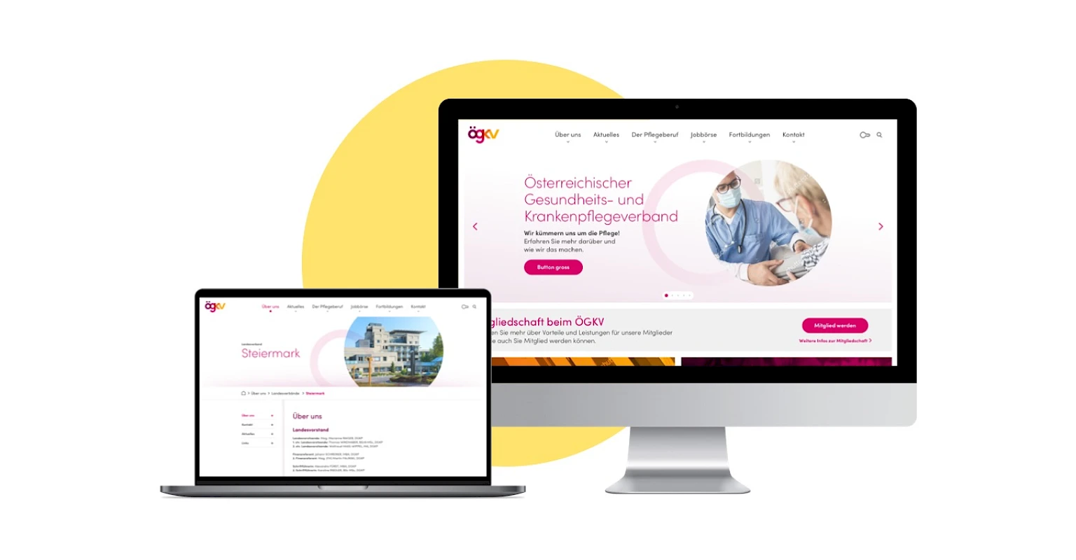 Ansicht der Webseite des Oesterreichischen Gesundheits- und Krankenpflegeverbands (OEGKV) auf Desktop und Laptop