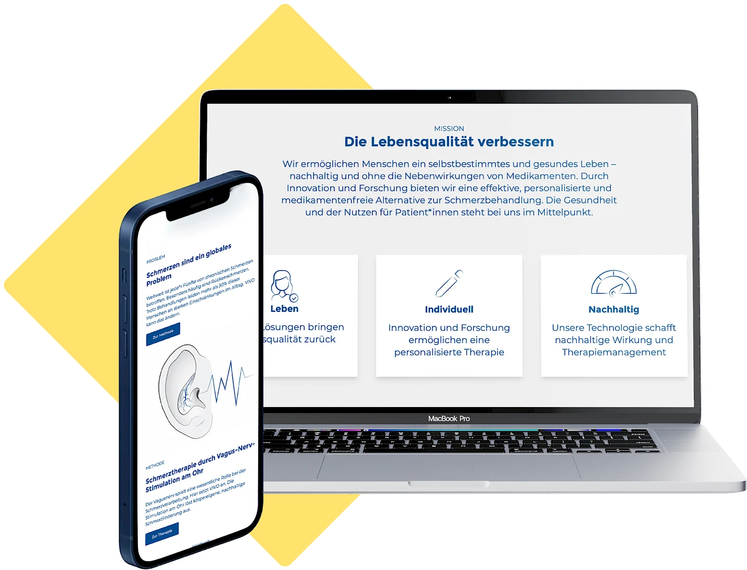 Webansicht von Aurimod auf Laptop und Smartphone, die medikamentenfreie Schmerztherapie mittels Vagus-Nerv-Stimulation erklaert, mit Fokus auf verbesserte Lebensqualitaet, personalisierte Behandlung und nachhaltige Loesungen