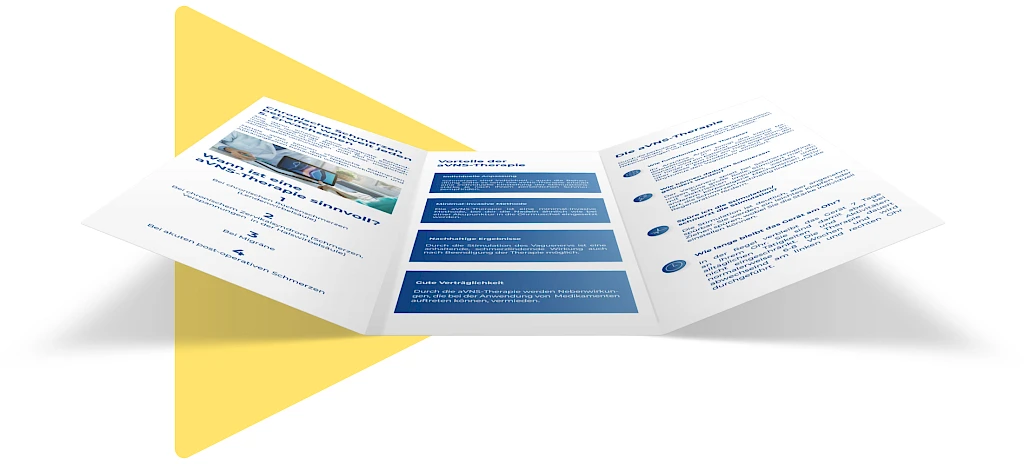 Geoeffneter Flyer zur aurikulaeren Vagus-Nerv-Stimulation (aVNS), mit detaillierten Informationen zu Anwendungsgebieten, Vorteilen und Wirkung