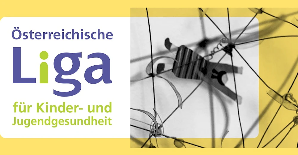 Oesterreichische Liga fuer Kinder- und Jugendgesundheit: Logo und abstrakte Illustration eines Kindes in einem Netzwerk aus Faeden