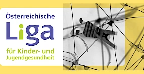 Oesterreichische Liga fuer Kinder- und Jugendgesundheit: Logo und abstrakte Illustration eines Kindes in einem Netzwerk aus Faeden