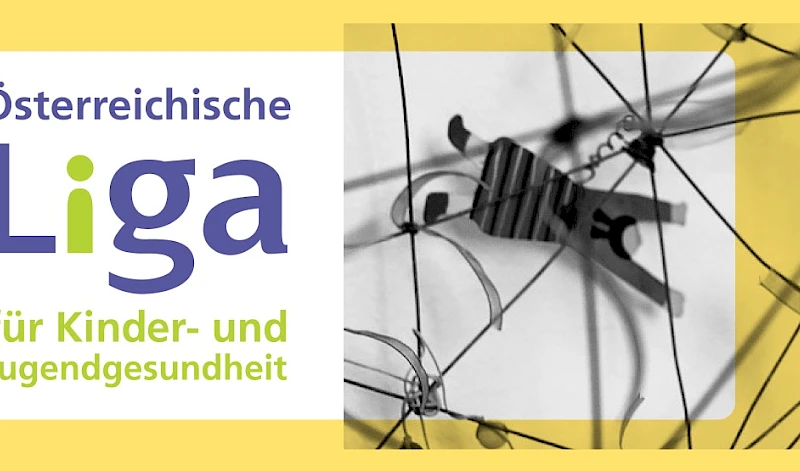 Oesterreichische Liga fuer Kinder- und Jugendgesundheit: Logo und abstrakte Illustration eines Kindes in einem Netzwerk aus Faeden
