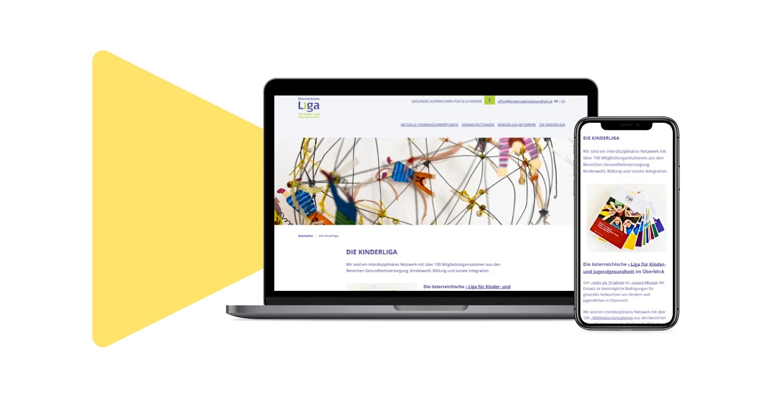 Website der Oesterreichischen Liga für Kinder- und Jugendgesundheit auf Laptop und Smartphone. Darstellung des interdisziplinaeren Netzwerks mit ueber 100 Mitgliedsorganisationen aus den Bereichen Gesundheit, Kinderschutz und Bildung