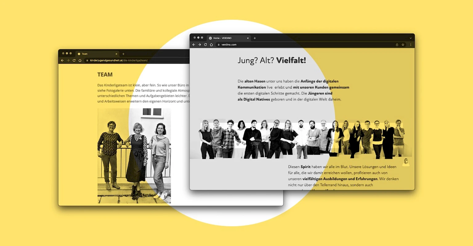 Vergleich zweier Teams: Website der Oesterreichischen Liga für Kinder- und Jugendgesundheit mit Teamvorstellung und Teamseite der Digitalagentur Verdino