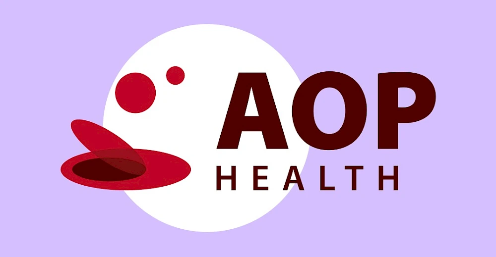Logo AOP Health mit roten, unterschiedlich großen Kreisen