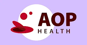 Logo AOP Health mit roten, unterschiedlich großen Kreisen