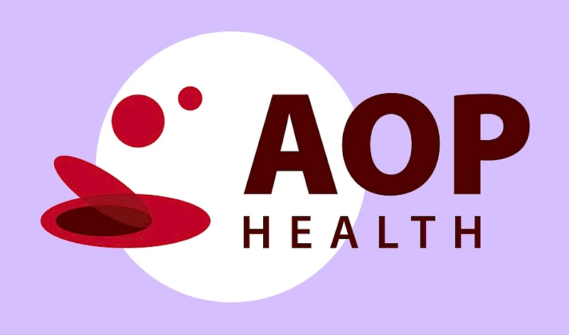 Logo AOP Health mit roten, unterschiedlich großen Kreisen