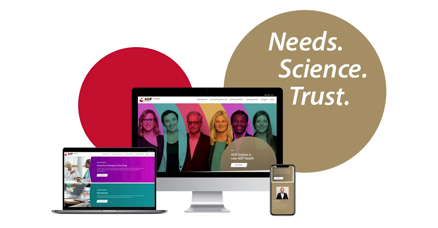 Website-Design von AOP Health auf verschiedenen Geraeten: Desktop, Laptop und Smartphone. Der Slogan Needs. Science. Trust. ist in einem braunen Kreis daneben platziert
