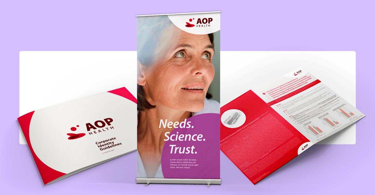 AOP Health Corporate Branding-Materialien: Guideline-Broschuere, Roll-up Banner und offene Broschuere