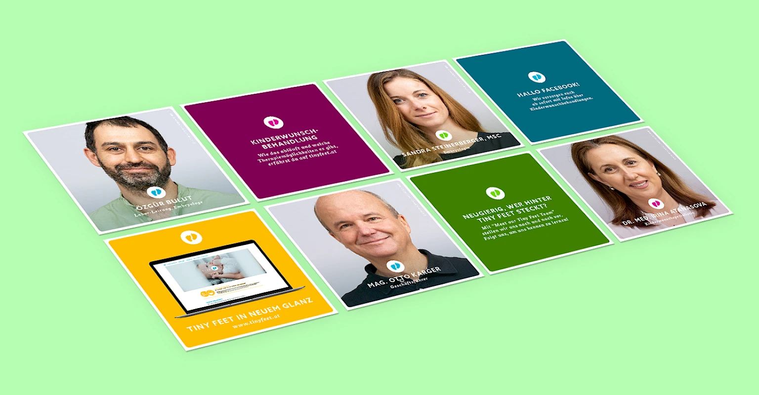 Team Tiny Feet Kinderwunschkliniken: Portraits von Expert*innen fuer Kinderwunschbehandlungen, darunter Embryolog*innen, Reproduktionsmediziner*innen und Geschaeftsfuehrung