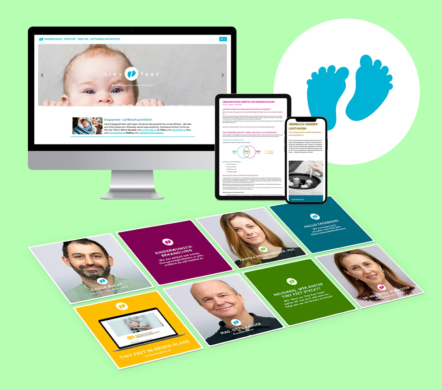 Digitale Plattform mit Logo von Tiny Feet mit Website auf Desktop, Tablet und Smartphone. Expert*innen-Team für Kinderwunschbehandlung als Profile im Vordergrund