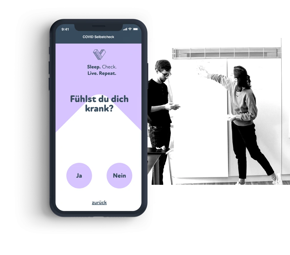 COVID-Selbstcheck-App auf Smartphone mit Frage