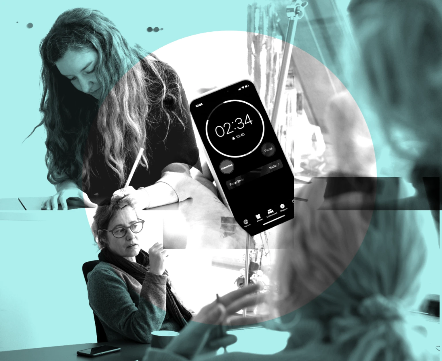 Frauen in einer Teamdiskussion und eine Person konzentriert beim Schreiben. Im Mittelpunkt ein Smartphone mit Timer-App, symbolisierend Zeitmanagement und Produktivitaet