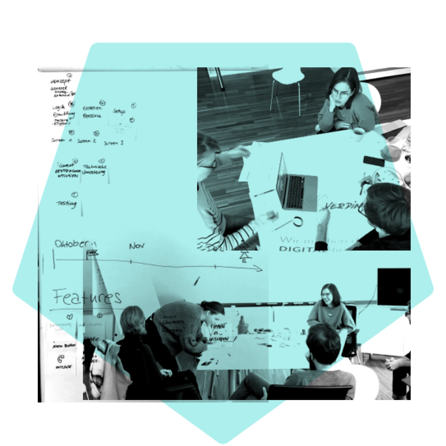 Team diskutiert über digitale Strategie und Produktentwicklung. Brainstorming am Whiteboard mit Projekt-Timeline, Feature-Liste und Notizen