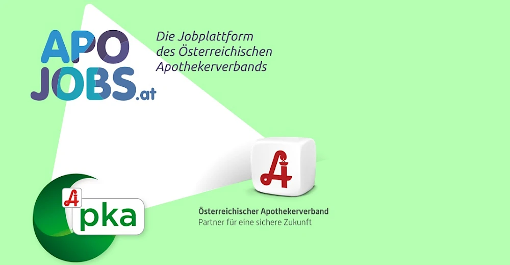Logos des Apothekerverbands, der pharmazeutisch-kaufmaennischen Assistenz (PKA) und APOJOBS.at mit Slogan