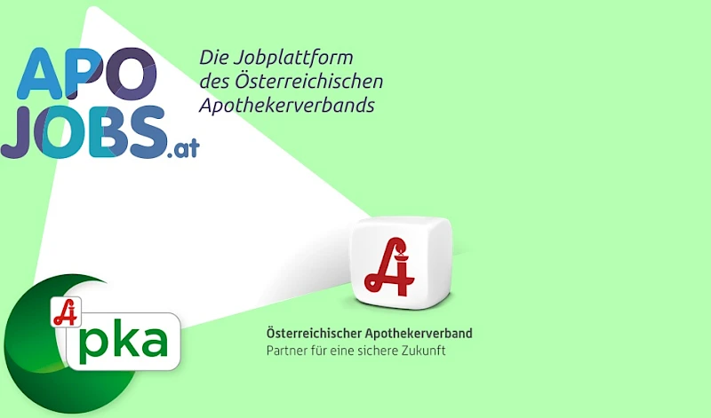 Logos des Apothekerverbands, der pharmazeutisch-kaufmaennischen Assistenz (PKA) und APOJOBS.at mit Slogan