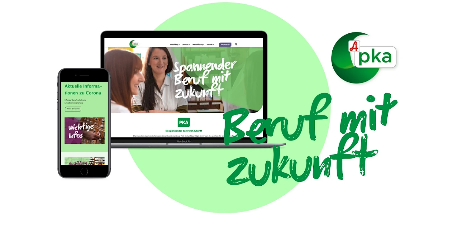 Website der PKA auf Laptop und Smartphone, daneben Logo der PKA. Slogan