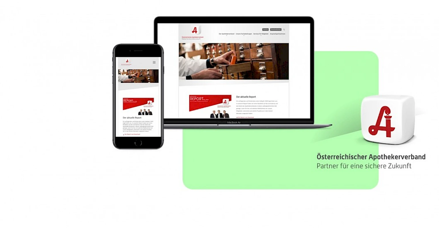 Website des Oesterreichischen Apothekerverbands auf Laptop und Smartphone mit Informationen zu Apotheken und aktuellen Berichten. Logo des Apothekerverbands mit Slogan