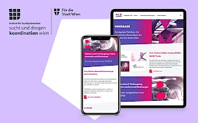 Mobile- und Desktop-Ansicht von MINDBASE, der digitalen Plattform fuer psychische Gesundheit der Stadt Wien mit Online-Tools zu Angeboten der Suchtpraevention