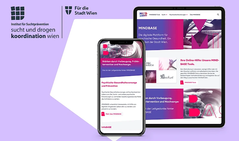 Mobile- und Desktop-Ansicht von MINDBASE, der digitalen Plattform fuer psychische Gesundheit der Stadt Wien mit Online-Tools zu Angeboten der Suchtpraevention