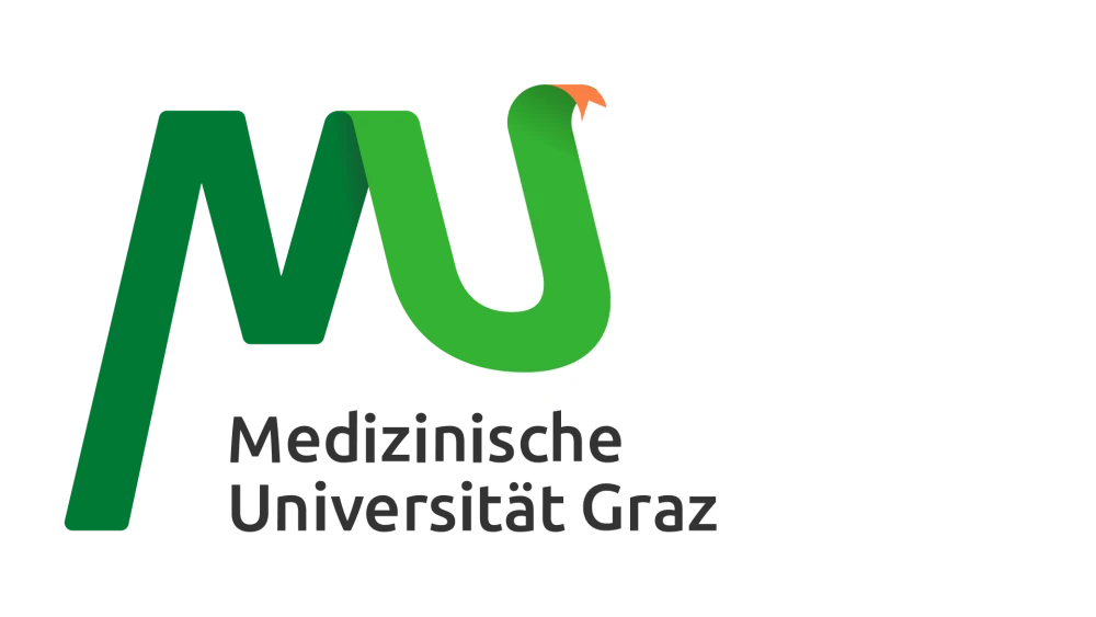 Logo der Medizinischen Universität Graz (Med Uni Graz). Modernes Design mit grünen Buchstaben MU und einer stilisierten Schlange.