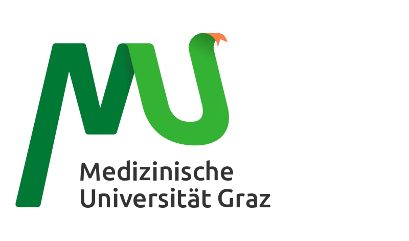 Logo der Medizinischen Universität Graz (Med Uni Graz). Modernes Design mit grünen Buchstaben MU und einer stilisierten Schlange.